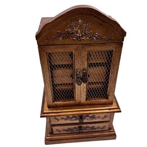 Vintage Wood Jewelry Box Armoire 5 Drawer Mesh Door Made in jAPAN Brown